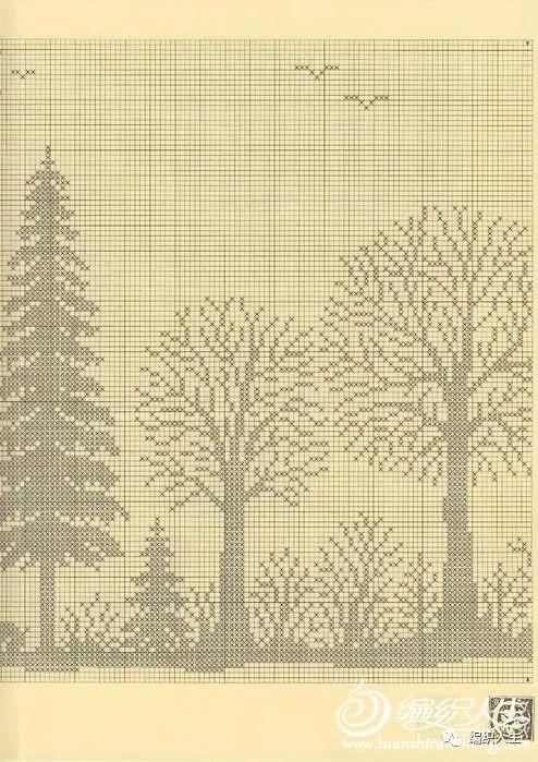 方格钩编图解丨钩针凤穿牡丹、树林图案窗纱
