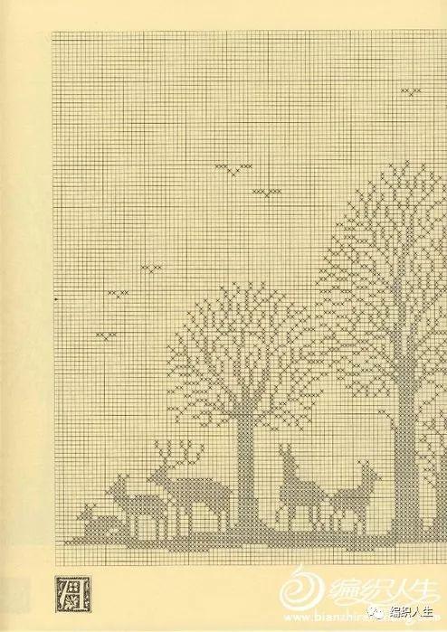 方格钩编图解丨钩针凤穿牡丹、树林图案窗纱