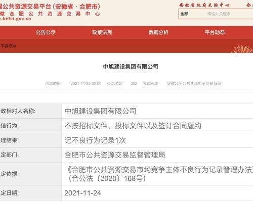 不按照投标文件及签订合同履约，滁州中旭建设集团失信行为被官方通报