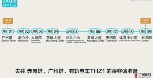 广州地铁APM线全长4公里设9座车站，南起广州塔，北到林和西站